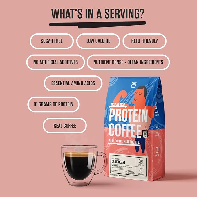 Dark Roast Protein Coffee – 10g Protein Per Serving Bold Instant Coffee Blend Keto-Friendly No Added Sugar – 22 Servings 12 oz
