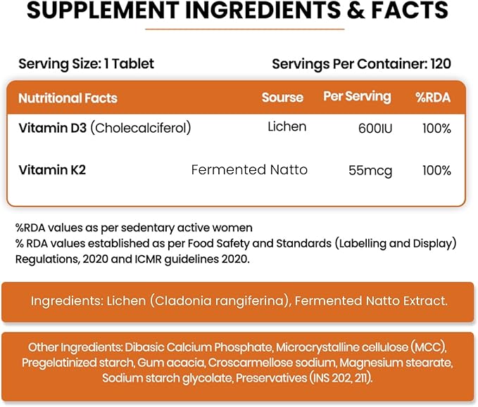 Himalayan Organics Vitamin D3 with K2 As MK7 Supplement- 120 Veg Tablets