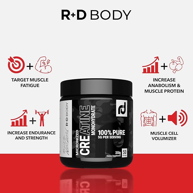 R&ampD Body Micronized Creatine Monohydrate - 100% Pure High Potency Formula for Enhanced Strength Power and Endurance 5g per Serving 250g