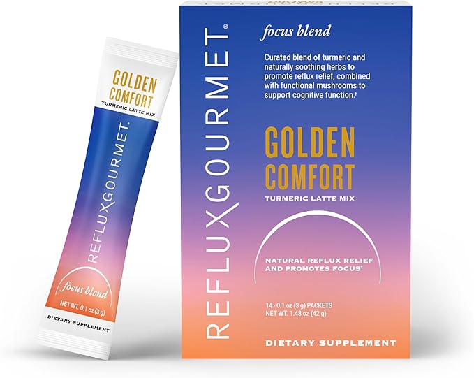 REFLUX GOURMET Golden Comfort Focus Blend–Natural Reflux Relief &amp Cognitive Boost–Turmeric Latte with Lion’s Mane Turkey Tail Red Reishi Chaga and Cordyceps–Max Absorption Curcuminoids–14 ct