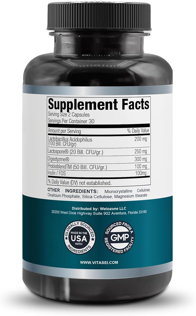 VITASEI Happy Flora Probiotic Supplement 170 Billion CFU for a Healthy Gut Health with enzymes for Digestion probiotics for Women and Men 1 Bottle - 60 Capsules