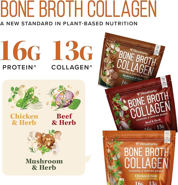 Vitauthority Bone Broth Collagen Delicious Chicken Noodle Flavored - Packed with 16g of Protein &amp Types I II III - Nourishes Skin Hair Nails Joints &amp Gut - Beef BoneBroth