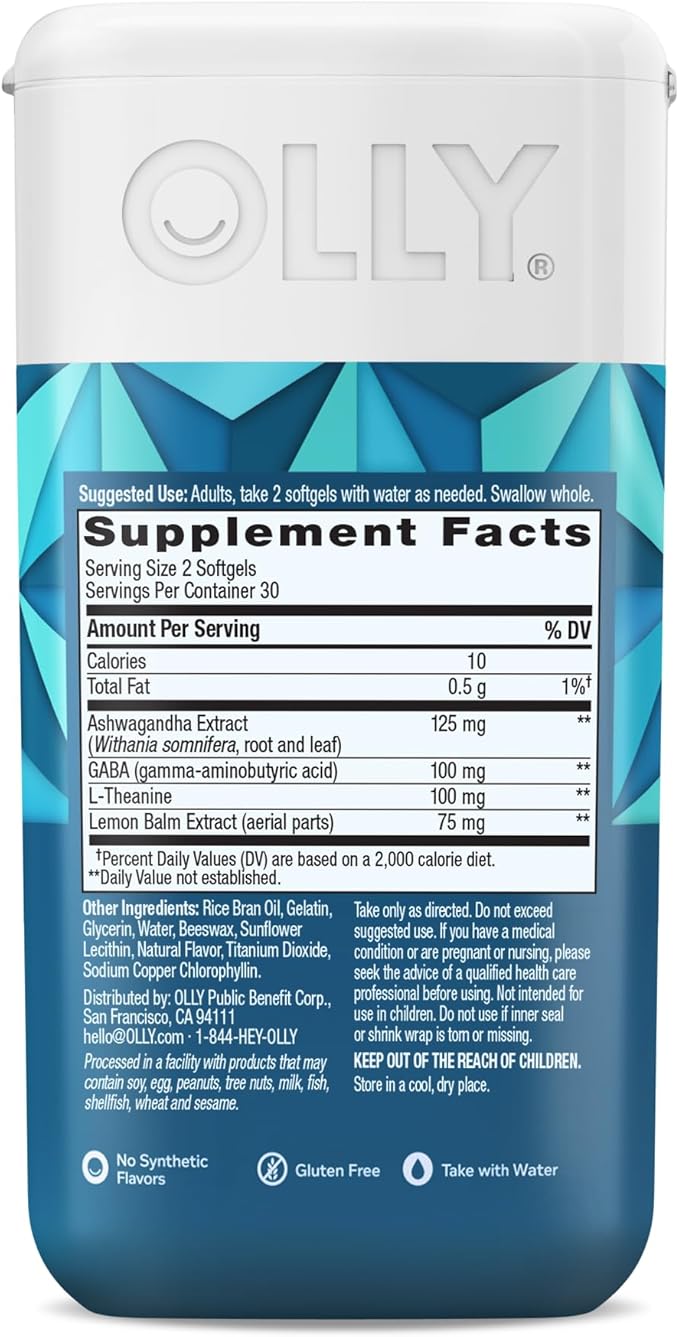 OLLY Ultra Strength Goodbye Stress SoftgelsGABAAshwagandhaL-Theanine and Lemon BalmStress Relief Supplement -60 Count (Pack of 2)
