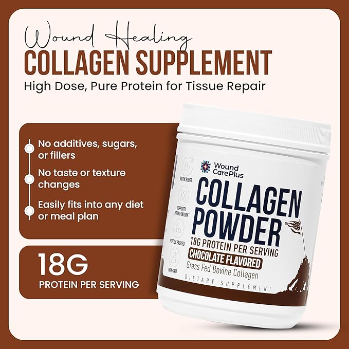 Wound Care Plus Collagen Peptides Powder Chocolate - Grass-Fed Hydrolyzed Collagen with 18g Protein - Supports Skin &amp Joint Health - Delicious Chocolate Flavor