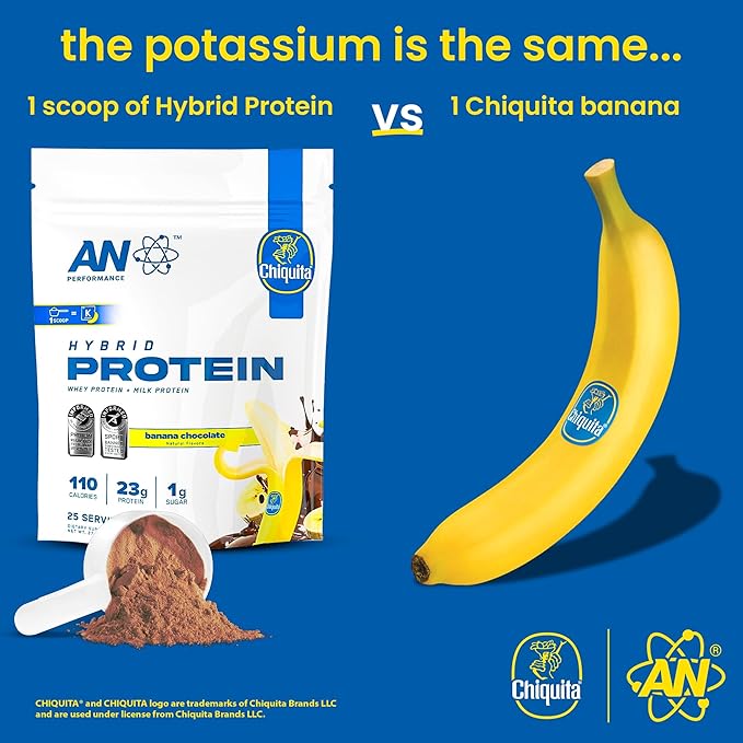 AN Performance Whey Protein Powder | Chiquita Banana Chocolate | 23g Protein 1g Sugar 100% Whey | Gluten-Free Low Carb Low Fat | Keto Friendly | Essential Amino Acids for Muscles | 25 Servings