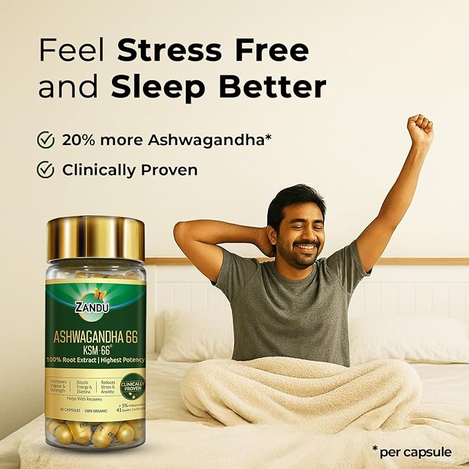 Zandu Ashwagandha 66 (KSM-66®) (600 mg) Clinically Proven 100% Root Extract for Maximum Potency