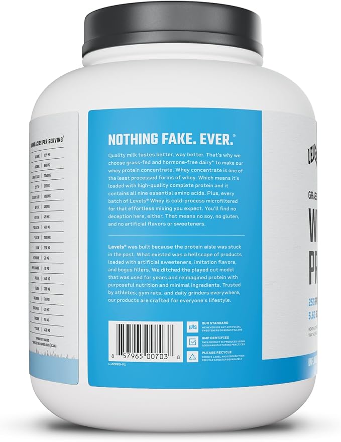 Levels Grass Fed Whey Protein Powder No Artificials 25G of Protein Unflavored 5LB