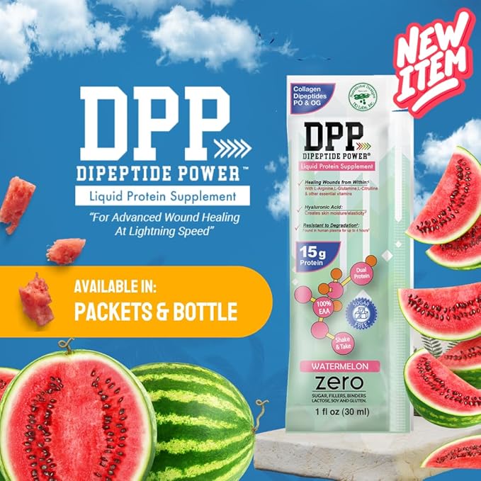 Nutritional Designs DPP Dipeptide Power Liquid Collagen &amp Whey Protein Supplement Sugar-Free Promotes Healthy Skin &amp Hair for Men &amp Women Watermelon Single Serve Packet 1 oz (100 Pack