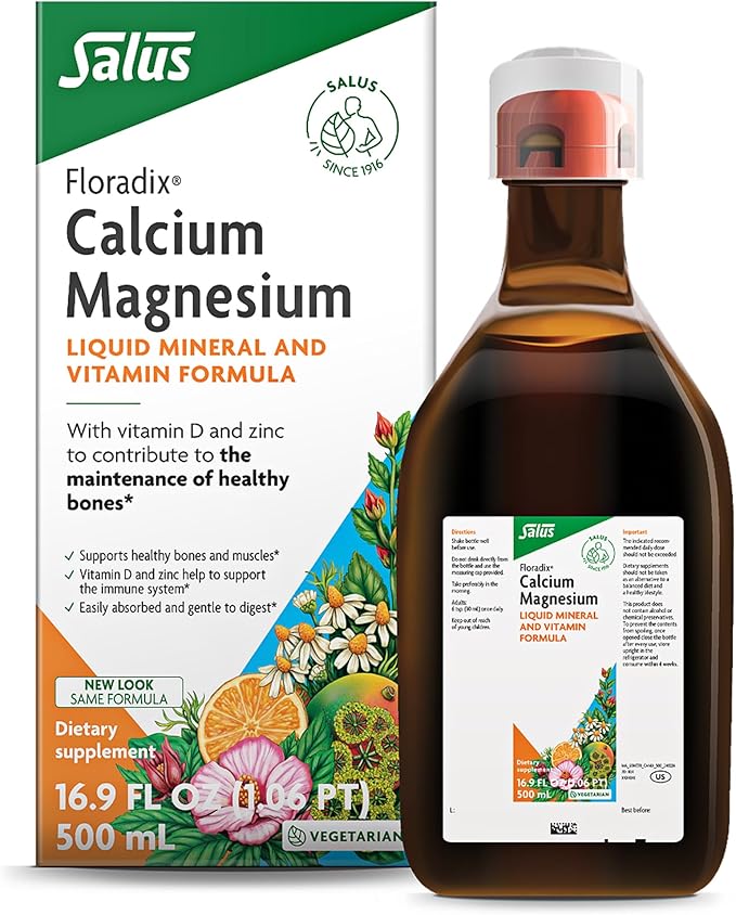 Floradix Calcium Magnesium Liquid Mineral &amp Vitamin Formula - Bone Support Supplement with Calcium Magnesium Vitamin D &amp Zinc - Vegetarian &amp Non-GMO - 16.9 fl oz