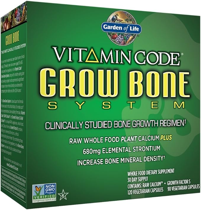 Garden of Life Calcium Supplement - Vitamin Code Grow Bone Made with Whole Foods Strontium Magnesium K2 MK7 Vitamin D3 &amp C Plus Probiotics for Gut Health 30 Day Supply