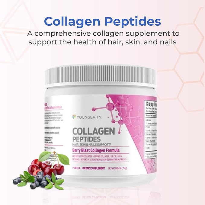 Youngevity Collagen Peptides Powder – Hair Skin &amp Nail Support with Hydrolyzed Type I &amp II Biotin Vitamin B12 Antioxidants &amp Alpha Lipoic Acid – Bone &amp Bone Health – Berry Flavor –