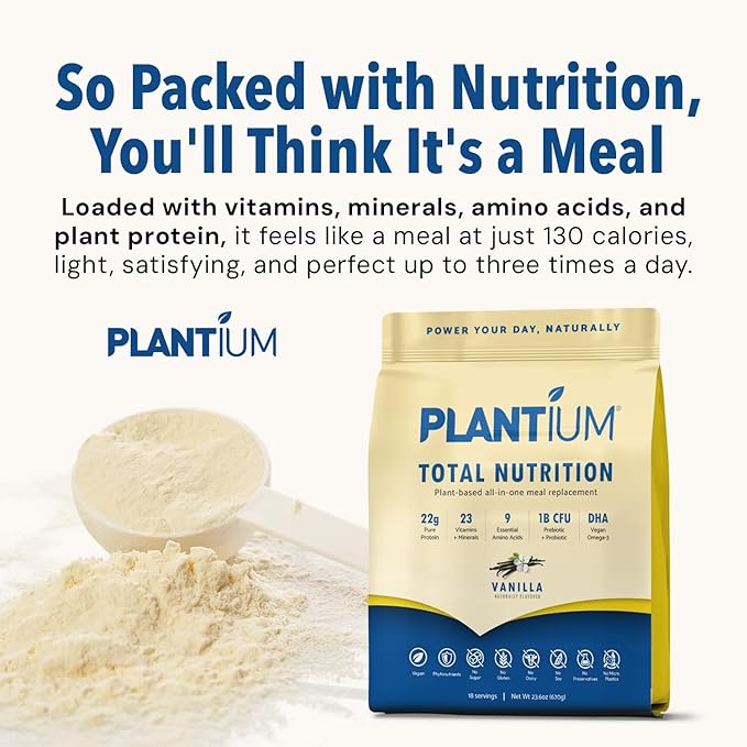 Plantium Total Nutrition Premium All-in-One Meal Replacement Shake Plant-Based Protein Powder with Vitamins Minerals &amp Probiotics 22g Protein per Serving Vanilla