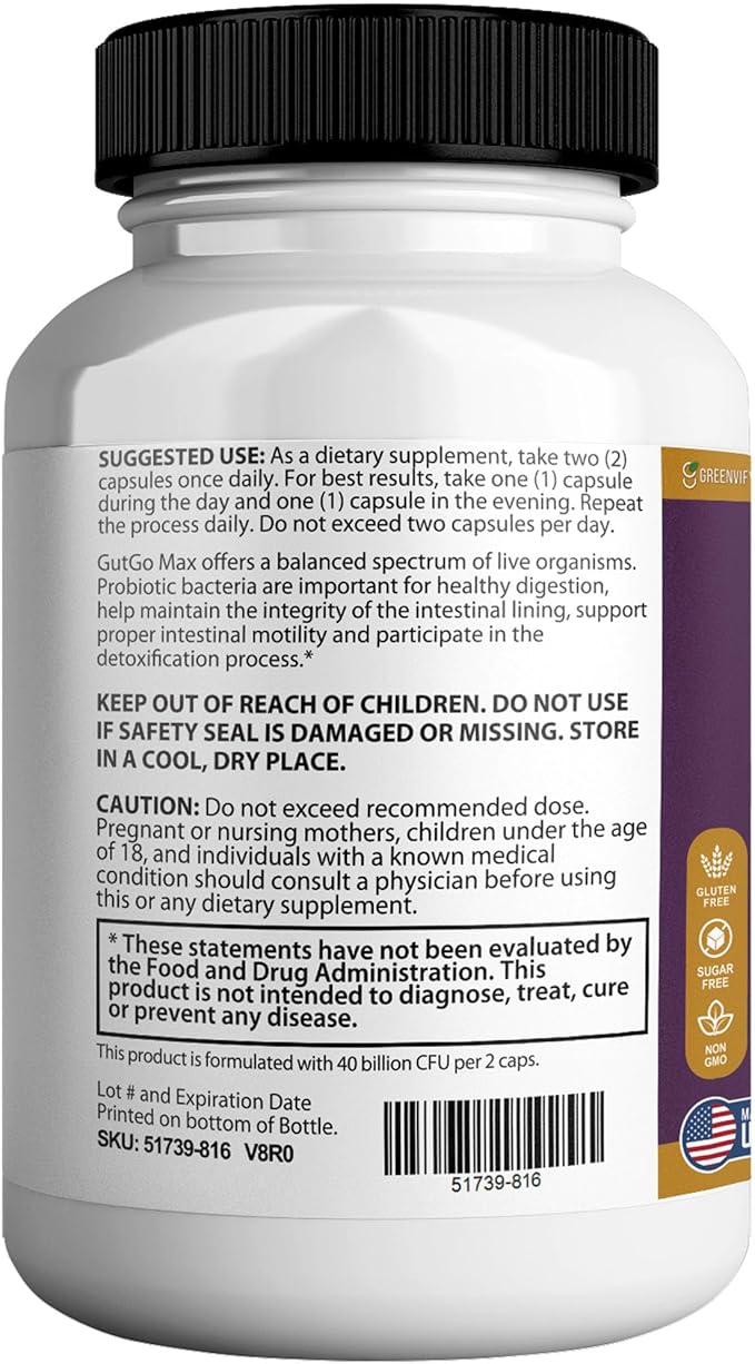 GutGo Max Probiotic Supplement 40 Billion CFU 60 Capsules Maximum Strength Gluten Free Sugar Free (5)