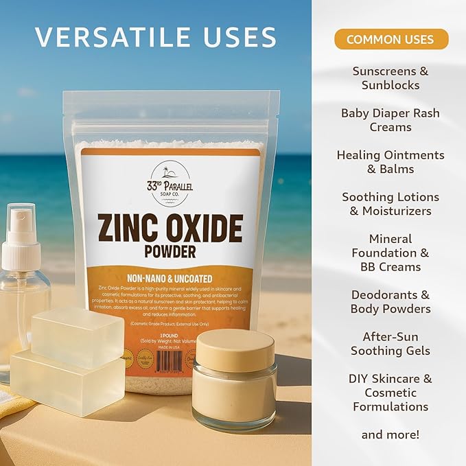 Zinc Oxide Powder USP Grade (2 LBS / 32 OZ) Zinc Dust | Non-Nano &amp Uncoated | Natural UV Protection Soothes Irritation Anti-Bacterial Mineral for Sunscreen Creams Balms &amp DIY Skincare | 2