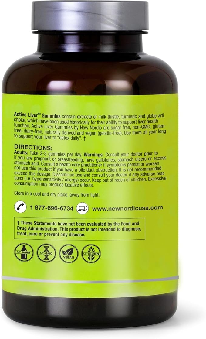 NEW NORDIC Active Liver Gummies Milk Thistle Artichoke &amp Turmeric Supplement Natural Peach Mango Flavor Sugar Free &amp Vegan 60 Count (Pack of 1)