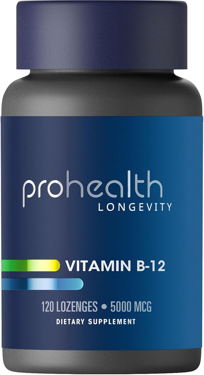 ProHealth Longevity Vitamin B12 Metabolism and Methylation Support. Enhance Energy Brain and Mood. Potent Methyl Donor Nutrient to Promote DNA Repair. 5000 mcg Per Serving 120 Lozenges