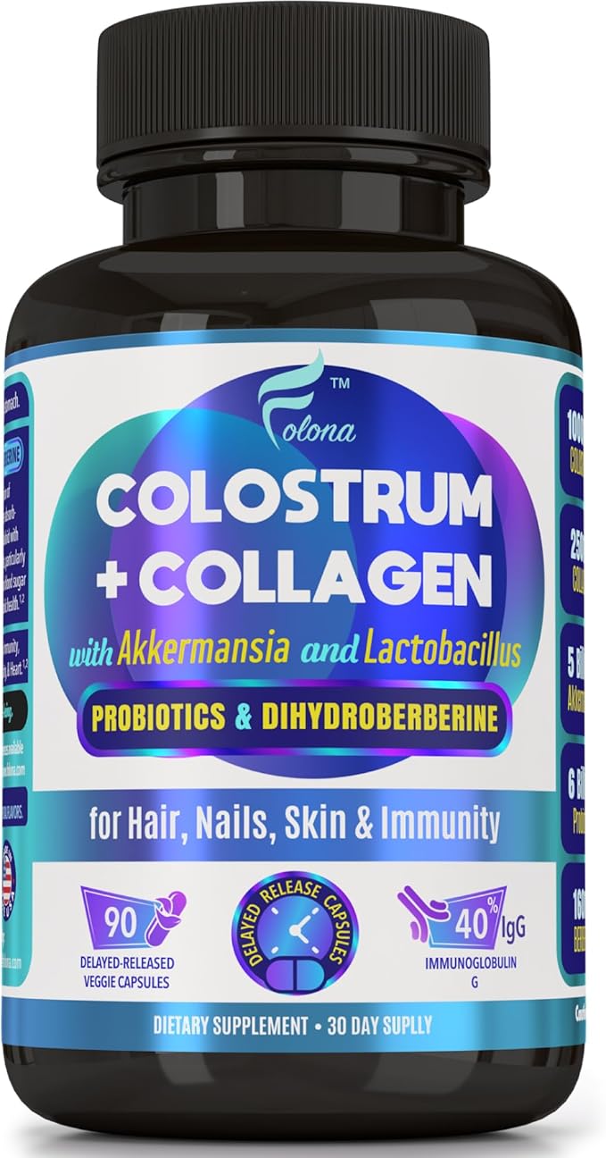 Colostrum w/Collagen Berberine &amp Probiotics (Akkermansia &amp Lactobacillus) | Supplement for Hair Skin Nails Gut Digestion Metabolism Immunity Muscle &amp Wellness (90 Delayed Release c