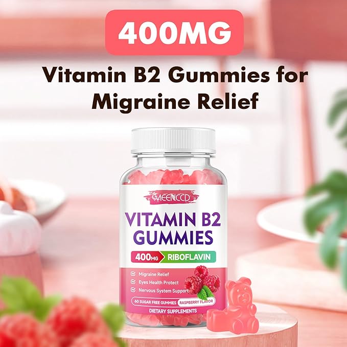Vitamin B2 Gummies Riboflavin 400mg Supplement with Magnesium for Kids &amp Adults B2 Gummies for Migraine Relief &amp Nervous System Support Vegan Sugar-Free Raspberry Flavor 60 Count