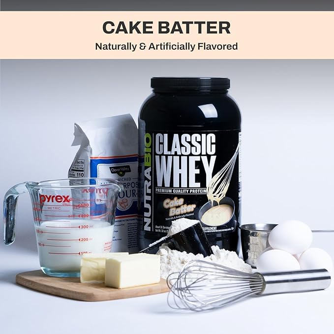NutraBio Classic Whey Protein Powder- 25G Protein Per Scoop - Full-Spectrum Amino Acid Profile - No Fillers Artificial Colors Preservatives - Low Glycemic Index - (Cake Batter 2 Pounds)