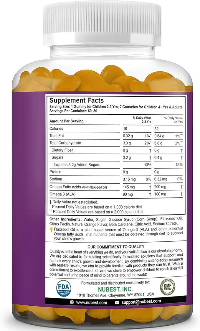 NuBest Omega 3 Gummies for Kids &amp Teens with Flaxseed Oil | Supports Brain Growth Mental Clarity Focus and Eye Health | No Added Sugar | Orange Flavor | 60 Premium Vegan Gummies | 1 Month Suppl