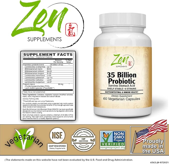 35 Billion Probiotic CFU with 8 Strains 60-Vegcaps - Sustained Release Technology Resist Stomach Acid Shelf Stable - Support for Healthy Digestion &amp Intestinal Ecology Favorable Intestinal Flora