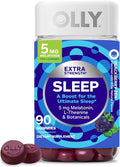 OLLY Extra Strength Sleep Gummy 5 mg Melatonin L-Theanine Chamomile Lemon Balm Extracts Sleep Aid BlackBerry Flavor - 90 Count