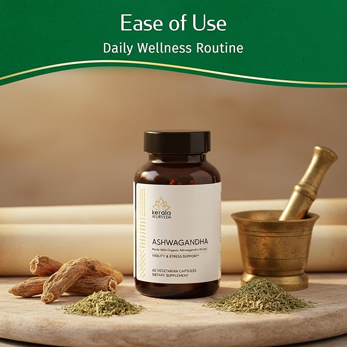 Kerala Ayurveda Ashwagandha Capsules – 60 Vegan Capsules | Organic Adaptogen for Stress Support Mood Balance &amp Daily Vitality | Supports Healthy Stress Response &amp Immune Support | Prop 65 Com