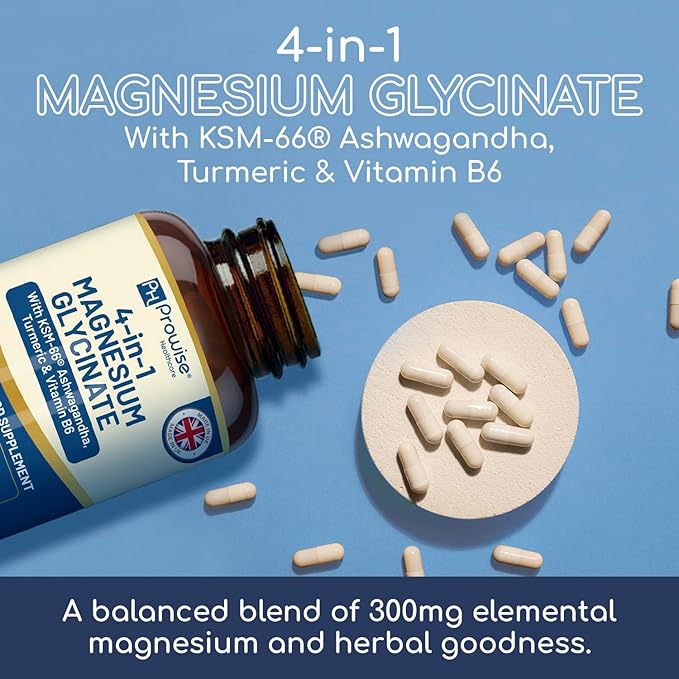 4-in-1 Magnesium Glycinate Added with KSM-66 Ashwagandha Turmeric and Vitamin B6 | 90 Vegan Capsules | 4001 mg per Serving | Easy to Swallow Capsule | GMO &amp Gluten Free | Premium Quality by Prow