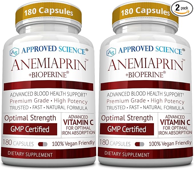 Approved Science Anemiaprin - Absorbable Iron Vitamin C - Gentle On Stomach - 380 Capsules - 6 Month Supply - Non-GMO Vegan