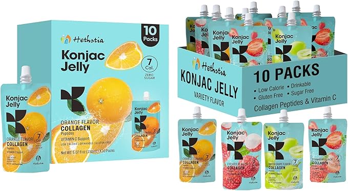Hethstia Konjac Jelly Collagen Peptides Various Flavors 10-Pack and Orange Konjac Jelly with Collagen Peptides 10 Pouches Fruit Jelly Snacks Low-Calorie Drinkable Jelly with Vitamin C Sugar-Free