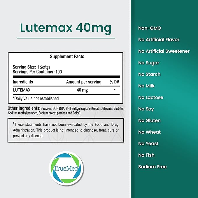 Lutemax 40 mg 100 days supply Eye Supplement - Supports Macular Health Vision Clarity Heart Health Protects Eyes from Blue Light &amp Photons Antioxidant Protection GMP Certified 60 Softgel.