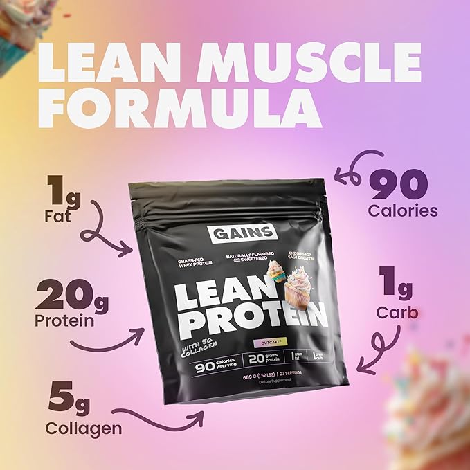 Gains in Bulk Lean Protein Powder with Collagen Peptides Gluten Free Grass Fed Whey 20G Protein &amp 5G Collagen Plant Enzymes to Support Digestion Natural Ingredients Cutcake Flavor 27 Serving