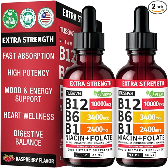 NUSAVA (2 Pack Extra Strength Liquid Vitamin B12 Sublingual Vitamin B Complex - B12 Drops 10000mcg - Methylcobalamin for Energy Brain and Heart Support Raspberry Flavor 2 floz 80 Servings