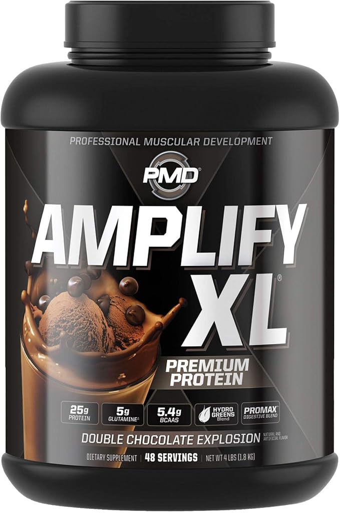 PMD Sports Amplify XL Premium Whey Protein Supplement Hydro Greens Blend - Glutamine and Whey Protein Matrix with Superfood for Muscle Strength and Recovery - Double Chocolate Explosion (48 Servings)