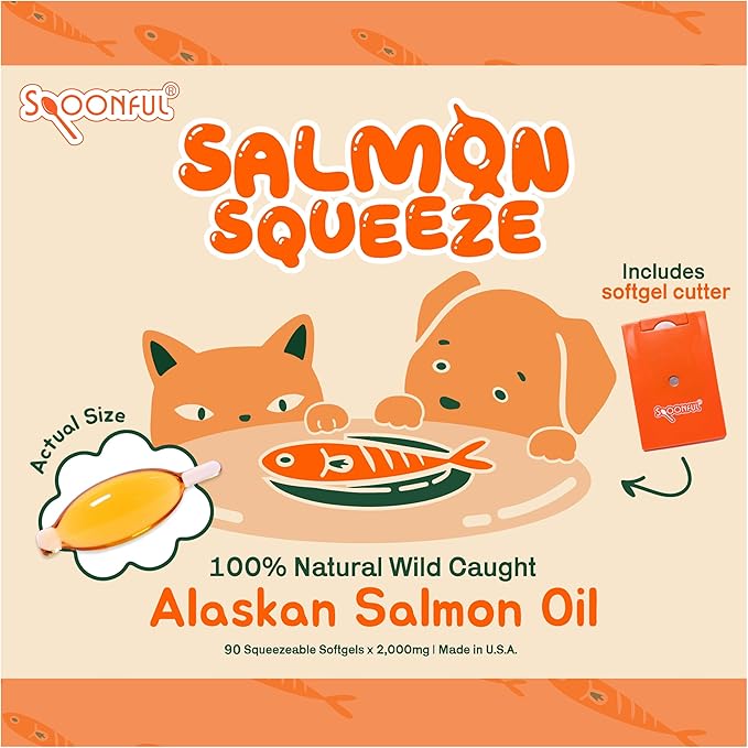 Spoonful Salmon Squeeze - 100% Natural Wild-Caught Alaskan Salmon Oil – 2000 mg Omega-3 Softgel 90 Squeezeable Softgels | DHA EPA &amp Natural Astaxanthin Non-GMO Sustainable Made in USA (90)