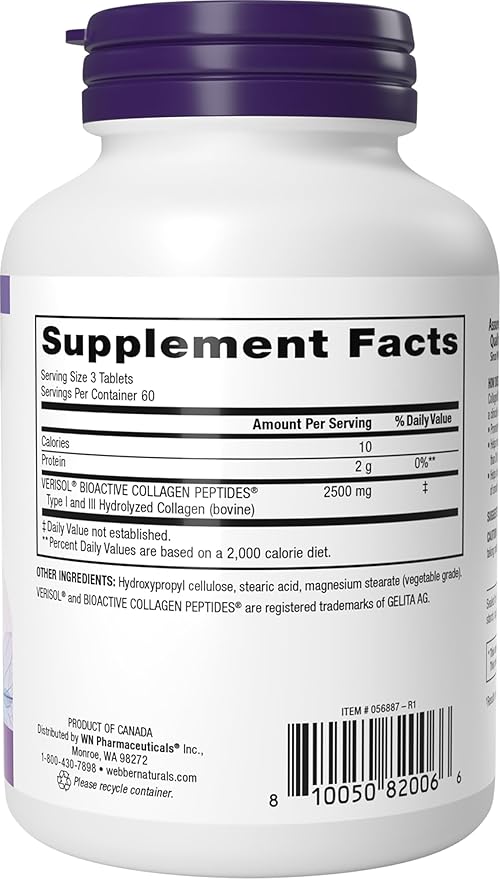 Webber Naturals Collagen30 Anti-Wrinkle 2500mg of Bioactive Collagen Peptides Per Serving (3 Tablets) 180 Tablets Helps Reduce Deep Wrinkles Fine Lines Non GMO Dairy Gluten Free