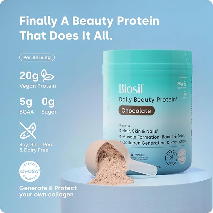 Biosil Daily Beauty Protein Chocolate - 17 oz - Vegan Protein + Collagen Powder for Strength Recovery Skin Hair Nails &amp Joints - Patented ch-OSA Generates Natural Production - 15 Servings