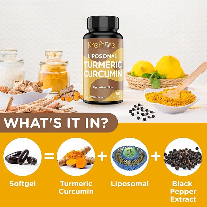 Liposomal Turmeric Curcumin Supplement 2200 mg with Black Pepper Extract 15 mg for High Absorption and Joint Function 60 Softgels for Adults