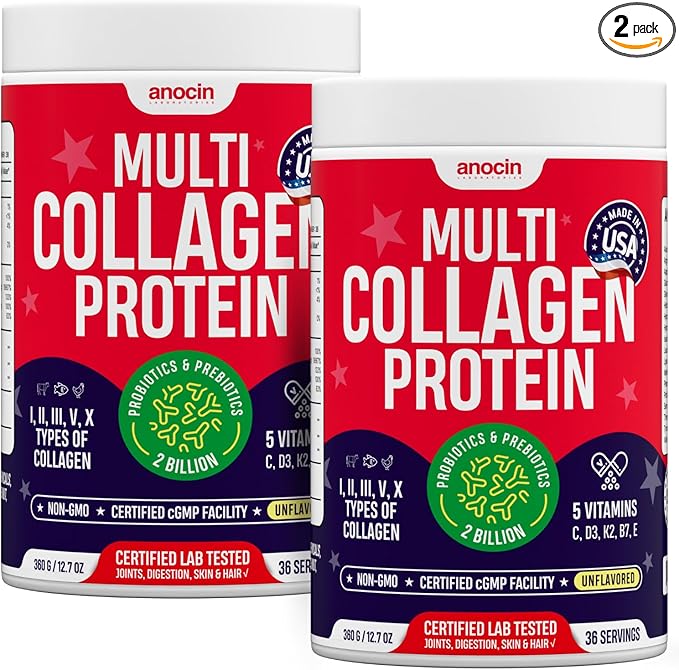 Multi Collagen Peptides w/Prebiotic + Probiotics + Type I II III V X + Hydrolyzed Collagen Powder w/Vitamin C+D3+B7+K2+E Hyaluronic Acid Supports Skin Hair Nail Joint Grass-Fed Non-GMO (2)