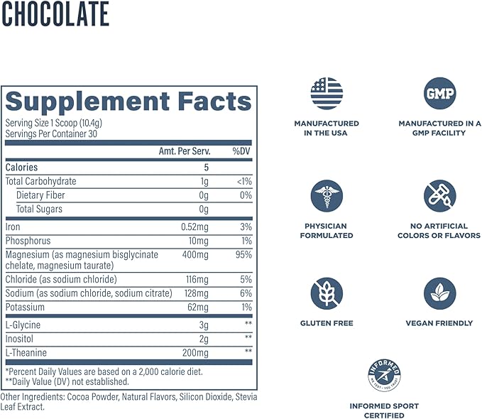 Revive MD Melatonin-Free Sleep Support Supplement for Adults Dark Chocolate - Natural Sleep Aid Supplements with Magnesium (Glycinate) Inositol &amp L-Theanine for Deep Relaxation (30 Servings)