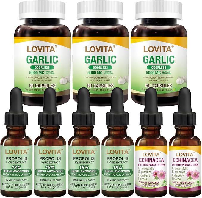 LOVITA 9-Piece Family Bundle - 4 Propolis Drops 3 Odorless Garlic &amp 2 Echinacea Comprehensive Herbal Wellness Kit (9 Pc)