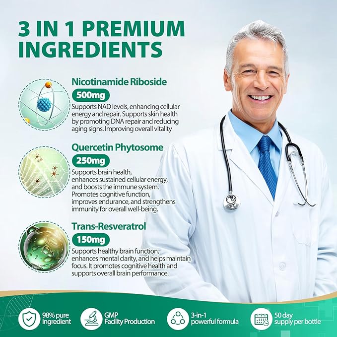 NAD Supplement NAD Nicotinamide Riboside Resveratrol 900mg Liposomal NAD Supplements for Women &amp Man High Purity NMNH Supplement Alternative for Anti-Aging Energy Focus - 2Pcs