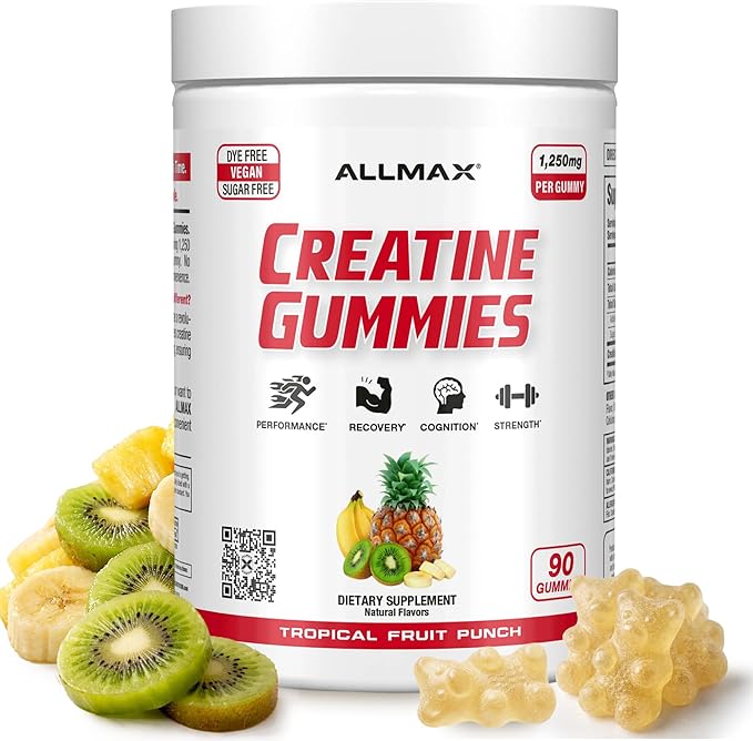 ALLMAX Creatine Gummies 90 Count Creatine Monohydrate Gummies 1250 mg Per Gummy Sugar Free Creatine Supplement for Women &amp Men Strength &amp Performance Support Tropical Fruit Punch