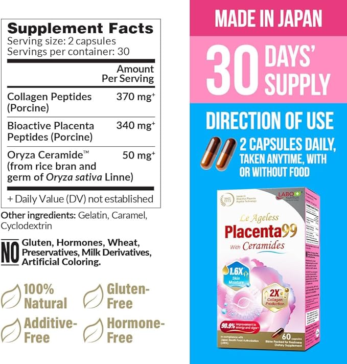 LABO Nutrition Le Ageless Placenta 99 with Ceramides -Placenta Supplement with Collagen Peptides Oryza Ceramides -Skin Regeneration Hydration Anti-Aging Wrinkle Support Immune Health 60 Capsules