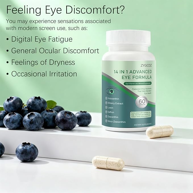 14-in-1 Advanced Eye Vitamin Supplement with Lutein Zeaxanthin Bilberry Extract &amp Zinc for Adults - Supports Vision Macula &amp Blue Light Protection - 60 Capsules (01)
