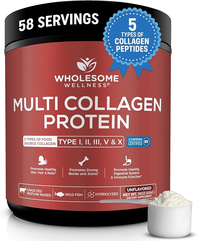 Wholesome Wellness Premium Multi Collagen Peptides Protein Powder for Women and Men 5 Types of Hydrolyzed Collagen Grass-Fed Non-GMO &amp Unflavored Pure Protein for Youthful Skin &amp Joint Rec