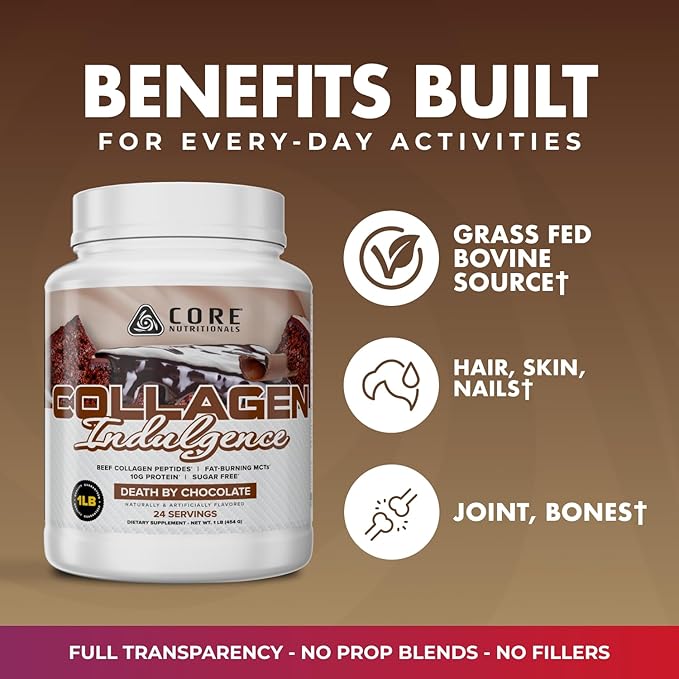 Core Nutritionals Collagen Indulgence | Hydrolyzed Collagen Peptides Type I &amp III | MCTs &amp Digestive Enzymes| Hair Skin &amp Nails | Bone &amp Joint Support | 24 Servings | 1 Pound (Vanill