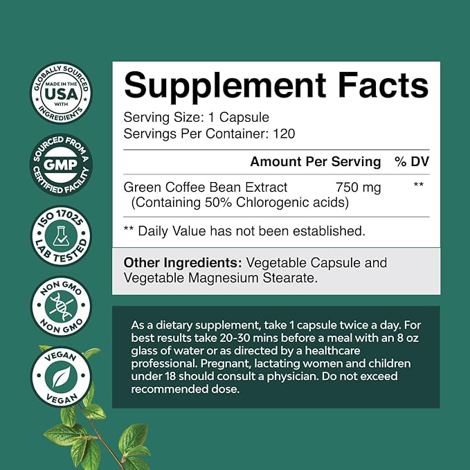 Green Coffee Bean Extract for Weight Loss - Pills for Women and Men - Appetite Suppressants for Weight Loss with Chlorogenic Acid - Herbal Fat Burner to Assist with Weight Loss 120 Count