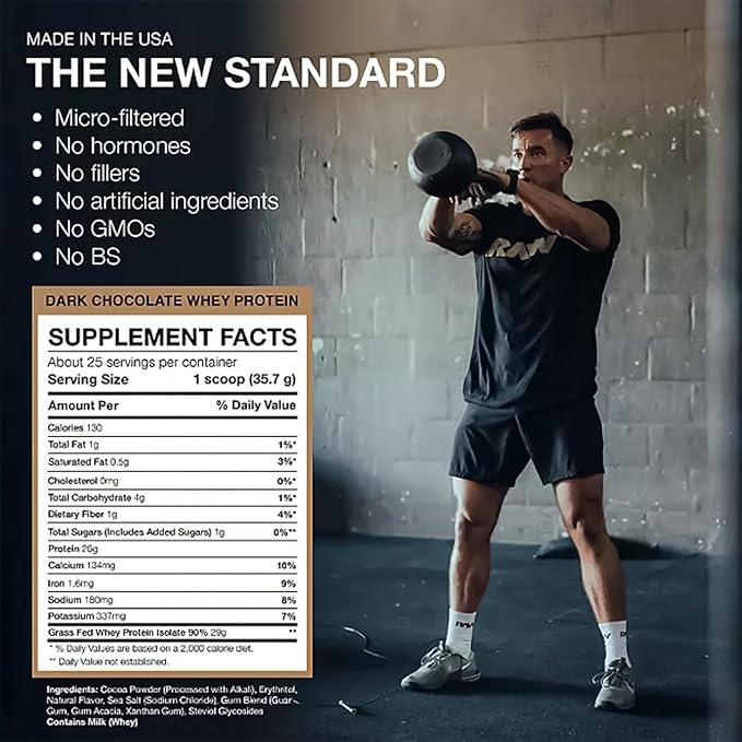 RAW 25g Grass-Fed Whey Isolate Protein Powder Dark Chocolate Flavor 25 Servings