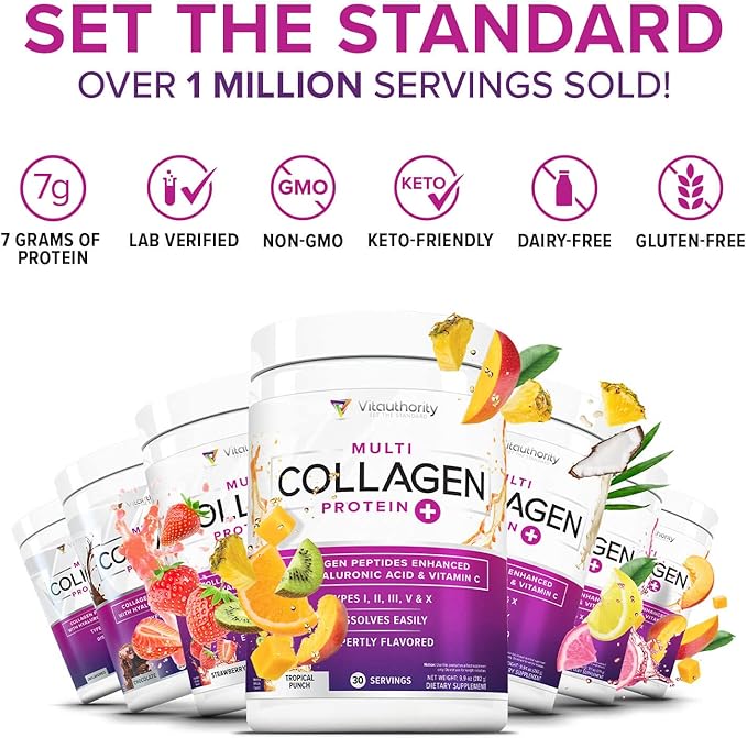 Multi Collagen Peptides Powder for Women - Hydrolyzed Flavored Collagen Powder for Women with Types I II III V &amp X Vitamin C &amp Hyaluronic Acid for Hair Skin and Nails (Strawberry) - 30 Serving